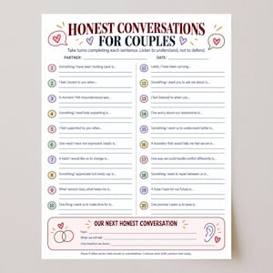 Puede incluir: Una hoja de trabajo blanca titulada Honest Conversations for Couples con veinte frases numeradas para completar, iconos de corazones decorativos y una sección inferior para planificar futuras conversaciones con campos para tema y fecha.