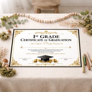Op de afbeelding: Een rechthoekig 1st Grade Certificate of Graduation met gouden ornamenten in de hoeken, zwarte tekst en een centrale illustratie van een zwarte afstudeerhoed op een gouden lint. Het certificaat bevat lijnen voor de docent en de datum.