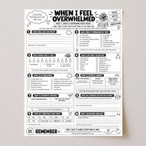 Pode incluir: Uma folha de trabalho imprimível em preto e branco intitulada When I Feel Overwhelmed, apresentando dez seções numeradas com caixas de seleção, linhas em branco para escrever e prompts para identificar sentimentos e sensações físicas.