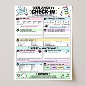 Könnte beinhalten: Ein Teen Anxiety Check-In Arbeitsblatt auf weißem Papier. Das Dokument enthält neun nummerierte Abschnitte mit Kontrollkästchen, auszufüllenden Zeilen und Skalen zur Erfassung von Emotionen, körperlichen Empfindungen und Gedanken in Pastellfarben.