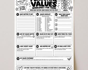 Personal Values Therapy Worksheet for Teens | Teen Values Activity | Self Discovery & Identity Worksheet | Counseling SEL Printable PDF