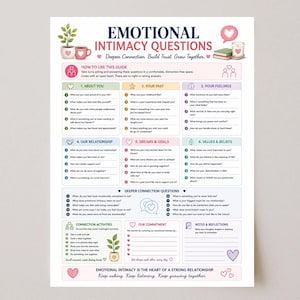 May include: A printed guide titled Emotional Intimacy Questions featuring six numbered sections with prompts about personal history, feelings, and relationship goals. It includes a section for connection activities, notes, and reflections with pastel-coloured headers and icons.