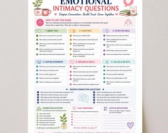 Puede incluir: Una guía impresa titulada Emotional Intimacy Questions que presenta seis secciones numeradas con preguntas sobre historia personal, sentimientos y objetivos de relación. Incluye secciones para actividades de conexión, notas y reflexiones con encabezados e iconos en tonos pastel.