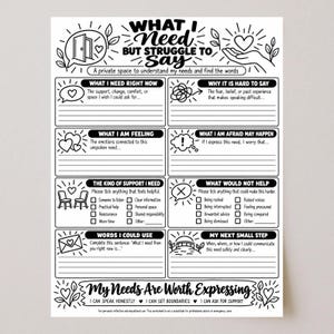 May include: A black and white printable worksheet titled What I Need But Struggle To Say. It features sections for feelings, support needs, and communication steps, with line spaces for writing and various icons like hearts, speech bubbles, and chairs.