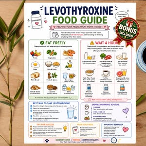 Op de afbeelding: Een wit informatieblad getiteld Levothyroxine Food Guide met kleurrijke illustraties van voedselgroepen, medicatiepictogrammen en tekstinstructies. De gids geeft een overzicht van voedingsgewoonten, wachttijden en een ochtendroutine.