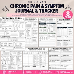 May include: A set of eight printable pages for a chronic pain and symptom journal and tracker. The documents feature black text and line art on a white background, including sections for daily pain levels, symptom tracking, medication logs, and energy rhythm.