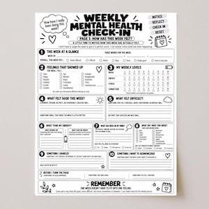May include: A black and white printed weekly mental health check-in worksheet. The document features ten numbered sections with prompts, checkboxes, and lines for writing, including sections for feelings, energy levels, and weekly reflections.