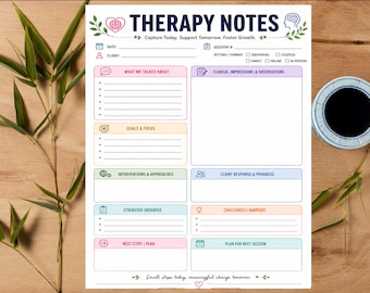 Szablon notatek terapeutycznych do druku w formacie PDF | Formularz notatek z sesji terapeuty | Arkusz notatek z postępów psychologa | Dziennik sesji terapeutycznych