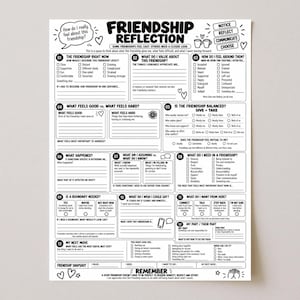 Könnte beinhalten: Ein schwarz-weiß gedrucktes Arbeitsblatt mit dem Titel Friendship Reflection und dreizehn nummerierten Abschnitten. Das Dokument enthält Kontrollkästchen, Zeilen zum Ausfüllen und Aufforderungen zur Bewertung von Beziehungen, Gefühlen und Grenzen.