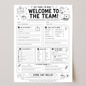 Puede incluir: Una hoja de trabajo de bienvenida para nuevos miembros del equipo en blanco y negro, con secciones para datos personales, preferencias laborales, favoritos y elecciones rápidas, incluyendo iconos dibujados a mano.