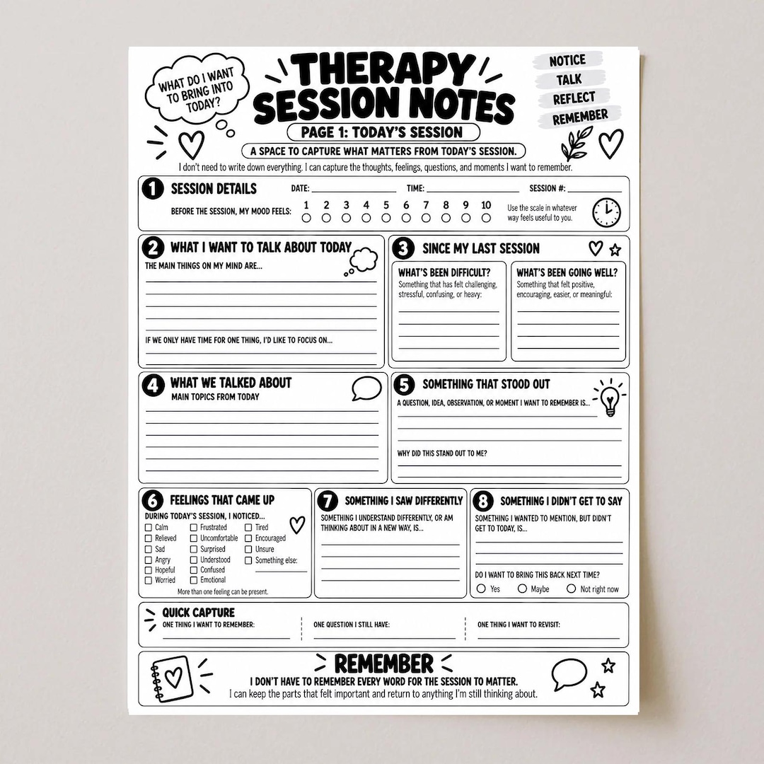 Therapy Session Notes Worksheet | Before & After Therapy Reflection ...