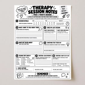 Könnte beinhalten: Ein schwarz-weißes Arbeitsblatt für Therapiesitzungsnotizen mit Abschnitten für Sitzungsdetails, Stimmungsverfolgung, Diskussionsthemen, Gefühle und Reflexionen. Die Seite enthält Aufforderungen wie What do I want to bring into today.