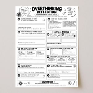 Puede incluir: Una hoja de trabajo de reflexión imprimible en blanco y negro titulada Overthinking Reflection. El documento presenta doce secciones numeradas con indicaciones, casillas de verificación y líneas para ayudar a procesar pensamientos repetitivos.