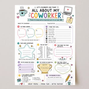 Peut inclure: Un questionnaire en papier blanc intitulé ALL ABOUT MY COWORKER avec des illustrations colorées d'une tasse de café, d'un ordinateur portable, d'un post-it, d'une étoile, d'un trophée et d'un crayon. Le formulaire comporte dix sections numérotées.