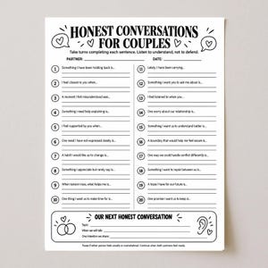 May include: A white paper worksheet titled Honest Conversations for Couples with black text and line drawings of hearts and speech bubbles. It features twenty numbered prompts for partners to complete, plus a section for planning future discussions.