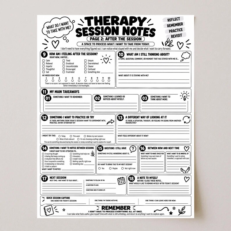 Therapy Session Notes Worksheet | Before & After Therapy Reflection ...