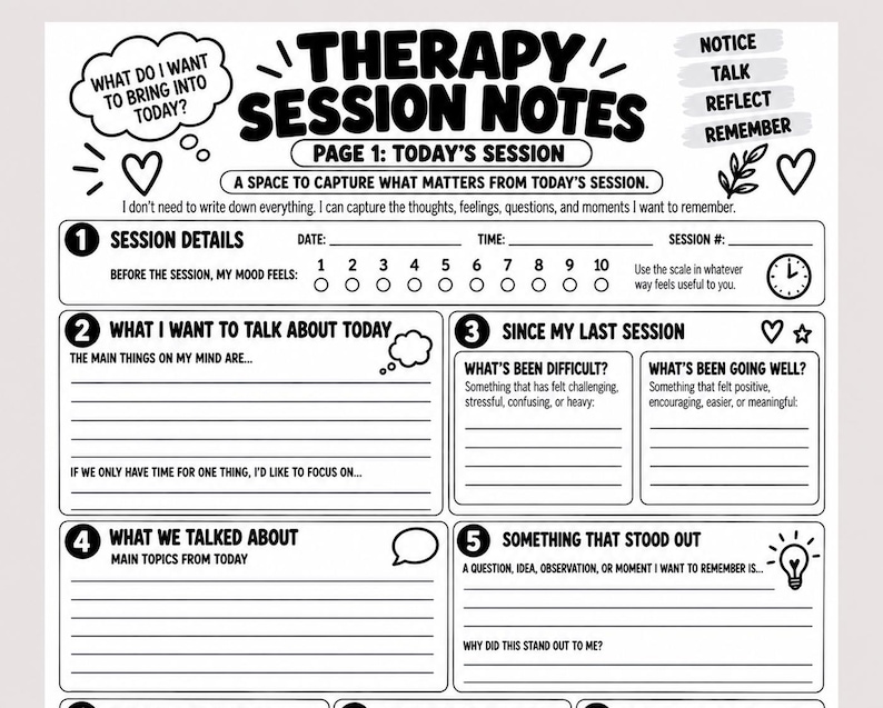 Therapy Session Notes Worksheet | Before & After Therapy Reflection ...