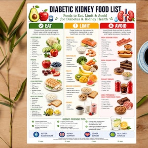 Diabetic Kidney Food List Printable | Renal Diabetic Diet Chart | CKD Food Guide | Low Sodium Eat Limit Avoid PDF