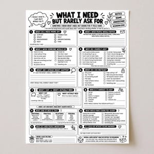 Può includere: Un foglio di lavoro stampabile in bianco e nero intitolato What I Need But Rarely Ask For, che presenta dodici sezioni numerate con caselle di controllo, suggerimenti e righe per scrivere. Il layout include categorie per bisogni emotivi e pratici.