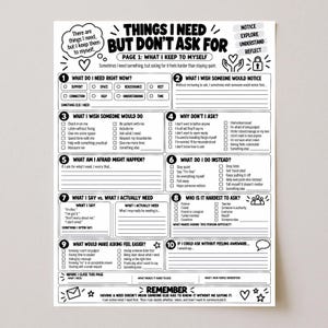 Könnte beinhalten: Ein schwarz-weißes, druckbares Arbeitsblatt mit dem Titel Things I Need But Don't Ask For. Es enthält zehn nummerierte Abschnitte mit Kontrollkästchen und Aufforderungen zur Selbstreflexion, einschließlich Fragen zu Bedürfnissen und Ängsten.