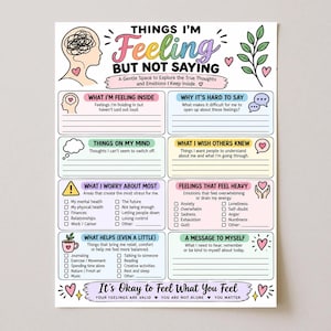 May include: A mental health worksheet titled Things I'm Feeling But Not Saying, featuring sections for thoughts, worries, and self-care. The page includes colourful headers, checkboxes, and prompts to explore emotions, with a final message stating It's Okay to Feel What You Feel.