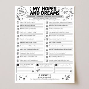 Könnte beinhalten: Ein schwarz-weißes, ausdruckbares Arbeitsblatt mit dem Titel My Hopes and Dreams, das siebenundzwanzig nummerierte Fragen mit leeren Zeilen zum Ausfüllen enthält. Die Seite zeigt dekorative Illustrationen einer Sonne, eines Papierfliegers, Sternen und Blättern.