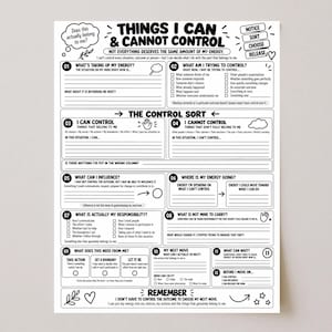 Op de afbeelding: Een zwart-wit printbaar werkblad getiteld Things I Can & Cannot Control. Het document bevat twaalf genummerde secties met prompts, selectievakjes en lege regels om op te schrijven, ontworpen om gedachten te ordenen en persoonlijke energie te beheren.