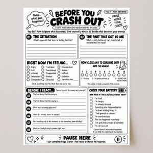 Before You Crash Out Worksheet | Anger & Emotional Regulation Printable | Pause Before You React | Therapy Coping Skills Worksheet PDF