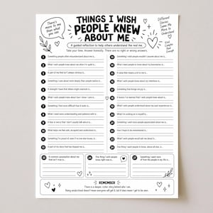 Op de afbeelding: Een zwart-wit geprint reflectieblad met de titel Things I Wish People Knew About Me. Het bevat zevenentwintig genummerde vragen met lege regels om in te schrijven, decoratieve hart- en bladiconen en tekst die aanzet tot eerlijke zelfreflectie.