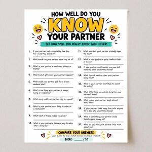 Hoe goed ken je je partner? | Quiz voor stellen (printbaar) | Spel voor een date-avond | Vragen over het huwelijk | IJsbreker voor een feestje (PDF)