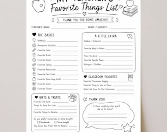 May include: A black and white printable questionnaire titled My Teacher's Favourite Things List. The document features sections for teacher details, basics, hobbies, classroom favourites, and gifts, decorated with line art icons like apples and books.