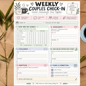 以下が含まれることがあります： 「Weekly Couples Check-In」と書かれた印刷可能なプランナーページ。ハイライト、課題、サポート、感謝、計画のセクションがあり、番号付きのプロンプト、評価スケール、テキストフィールド、コーヒーマグと葉のイラストが含まれています。