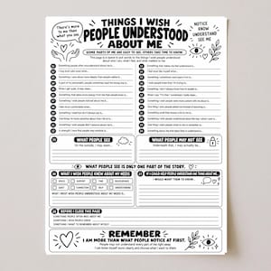 Può includere: Un foglio di lavoro stampabile in bianco e nero intitolato Things I Wish People Understood About Me. Include ventotto domande numerate, caselle di controllo per i bisogni e sezioni per la riflessione personale, decorate con icone a linee come occhi e cuori.