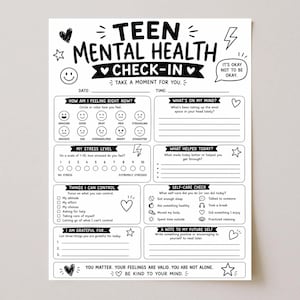 May include: A black and white printable teen mental health check-in worksheet featuring sections for feelings, stress levels, self-care, and gratitude. The page includes hand-drawn icons like hearts, stars, and lightning bolts with prompts for daily reflection.