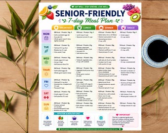 Plan posiłków dla seniorów do druku | Plan posiłków dla seniorów z miękkimi daniami | Menu bogate w białko, łatwe do strawienia | Dieta niskosodowa w formacie PDF