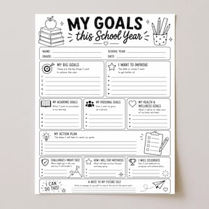 May include: A black and white printable goal-setting worksheet titled MY GOALS this School Year. It features sections for academic, personal, and health goals, an action plan, challenges, and a note to self, decorated with icons like books, a trophy, and a pencil.