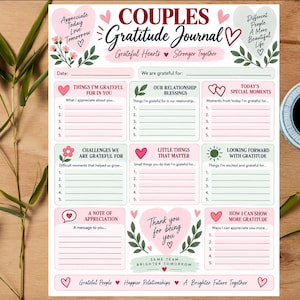 Op de afbeelding: Een dankbaarheidsdagboek voor koppels op wit papier met roze en groene accenten. De koptekst luidt Couples Gratitude Journal, Grateful Hearts, Stronger Together. Het bevat secties voor dagelijkse reflecties, relatiezegeningen en waardering.