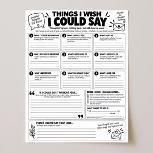 May include: A black and white printable worksheet titled Things I Wish I Could Say, featuring nine numbered prompts for reflection, sections for expressing thoughts without fear, self-inquiry checklists, and space for writing down unspoken feelings.