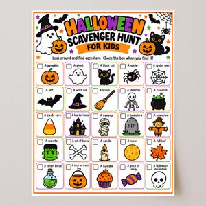 Puede incluir: Una hoja de juego de búsqueda del tesoro de Halloween para niños con el título HALLOWEEN SCAVENGER HUNT FOR KIDS. La cuadrícula contiene veinticinco cuadrados con ilustraciones coloridas de calabazas, un fantasma, un gato y otros iconos.
