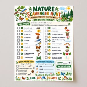 May include: A nature scavenger hunt activity sheet for children featuring a list of twenty items to find, including rocks, flowers, and insects. The page includes checkboxes, illustrations of nature elements, and sections for notes, observations, and a name.