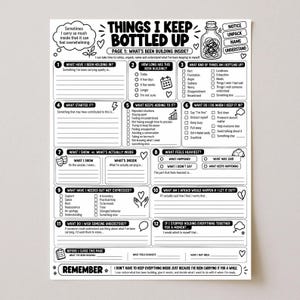 Può includere: Una scheda di lavoro sulla salute mentale in bianco e nero intitolata Things I Keep Bottled Up. Il documento presenta dodici sezioni numerate con suggerimenti, caselle di controllo e righe vuote per scrivere, progettate per aiutare a identificare ed elaborare le emozioni.