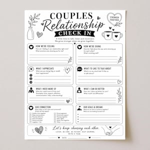 May include: A black and white printable couples relationship check-in worksheet featuring sections for feelings, appreciation, needs, connection, and goals. The document includes decorative line art of hearts, mugs, and leaves with text prompts.