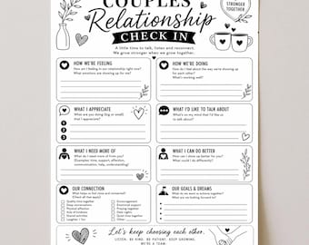 Puede incluir: Una hoja de trabajo imprimible en blanco y negro para parejas con secciones para sentimientos, aprecio, necesidades, conexión y metas. El documento incluye ilustraciones lineales decorativas de corazones, tazas y hojas con textos.