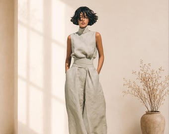 Conjunto de dos piezas de lino para mujer: top sin mangas de cuello alto y pantalones plisados de pierna ancha, traje minimalista de verano para vacaciones.