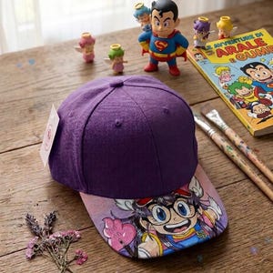 Könnte beinhalten: Eine lila Baseballkappe mit einer farbenfrohen Illustration auf dem Schirm. Die Illustration zeigt eine Cartoonfigur mit Brille und einer Blume. Die Kappe liegt auf einer Holzoberfläche mit Figuren und einem Comic.