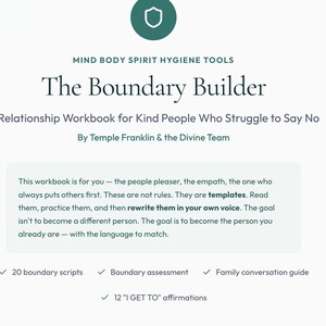 May include: A white workbook titled "The Boundary Builder" with teal accents. The workbook is for people who struggle to say no. It includes boundary scripts, assessments, and affirmations. The text reads "Mind Body Spirit Hygiene Tools."