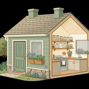 May include: An illustrated cross-section of a small house with a green exterior and a kitchen visible inside. The kitchen features a stove, sink, and shelves filled with jars. Window boxes with plants and a small tree are also visible.