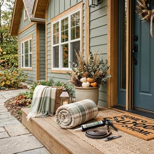 Könnte beinhalten: Außenansicht eines Hauses mit einer für den Herbst dekorierten Veranda. Eine gerollte grün-beige karierte Decke, ein Weidenkorb und eine gestreifte Decke befinden sich auf der Veranda. Eine Fußmatte trägt die Aufschrift "Home Sweet Home". Ein Topf enthält Kürbisse und Herbstlaub.