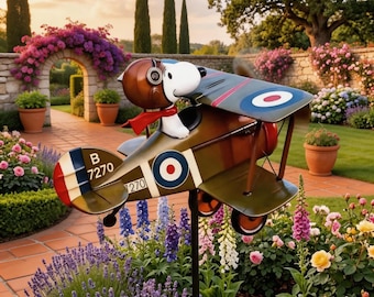 Peanuts Ace of Flight Doppeldecker-Windmühle, ein kinetisches Kunstwerk im Retro-Stil aus den Peanuts-Comics, eine Dekoration für den Außenbereich, ein Geschenk für Fans.