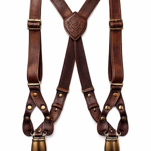 Tirantes de cuero hechos a mano con espalda en Y, tirantes con clip de latón marrón, ajustables, estilo vintage, para ocasiones formales.